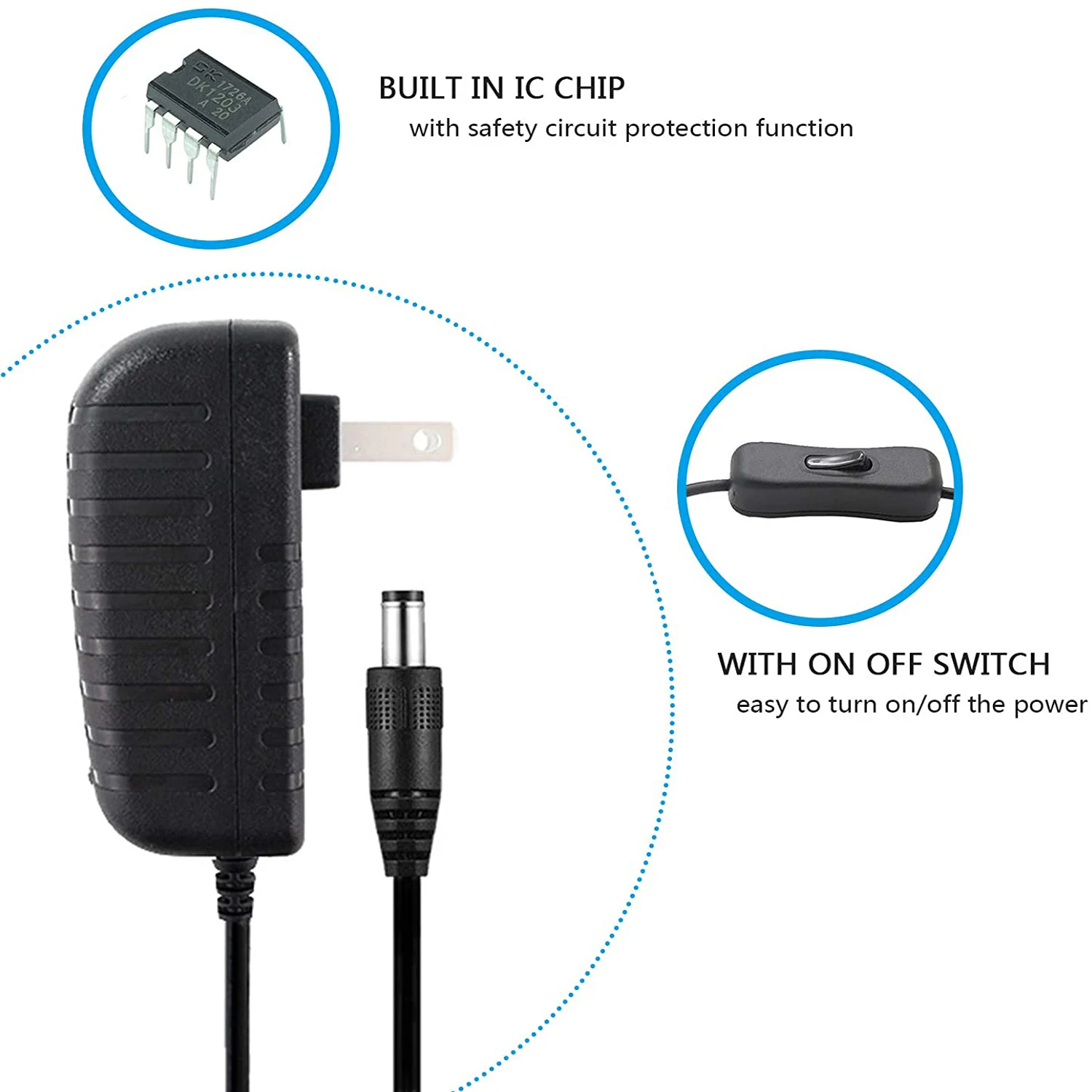 AC/DC 12V 2A Adapter Power Supply With DC On/Off Switch 5.5mm x2.1mm Connector For LED Strip Night Cabinet Light CCTV Camera