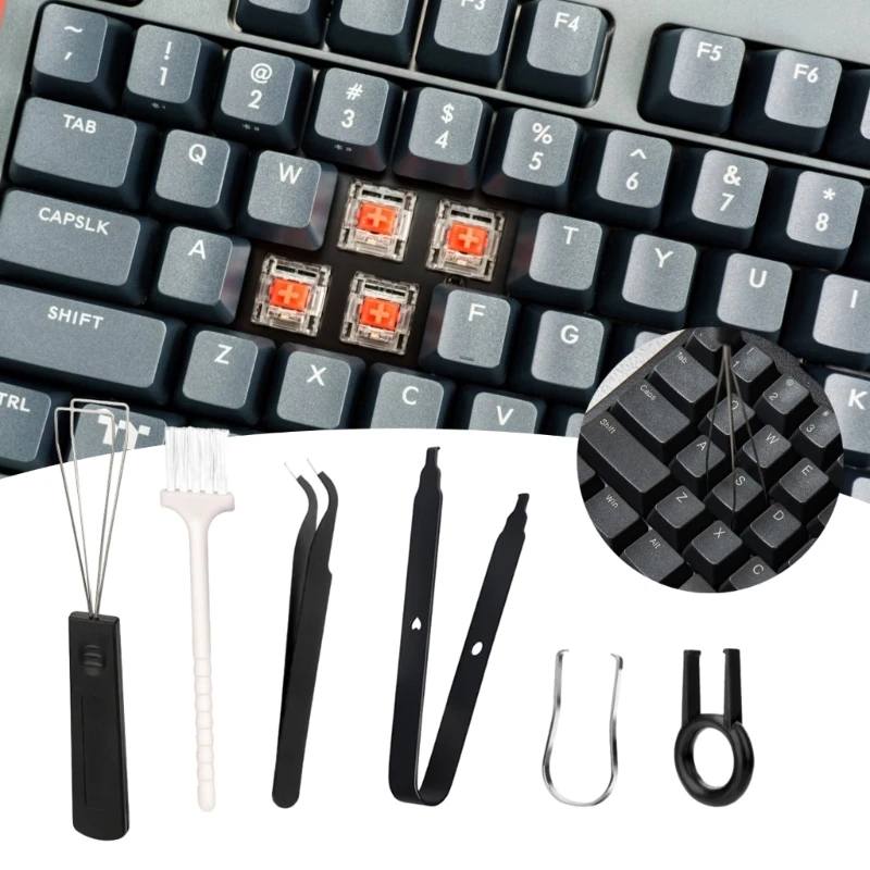 Easy to Use Versatile Keycap Puller Cleaning Brush Set 6 Piece Tool for Removing Keycaps for Most Mechanical Keyboards