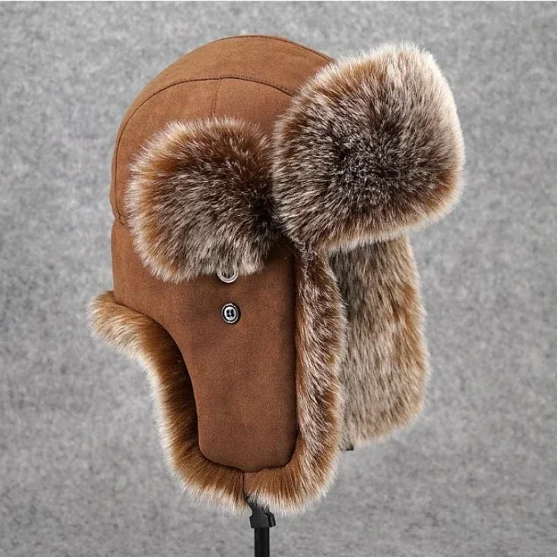 Winter Russian Man & Woman Wholeskin Natural Rex Rabbit Fur Hats Luxury Real Sheep Skin Leather Cap Unisex Real Fur Bomber Hat