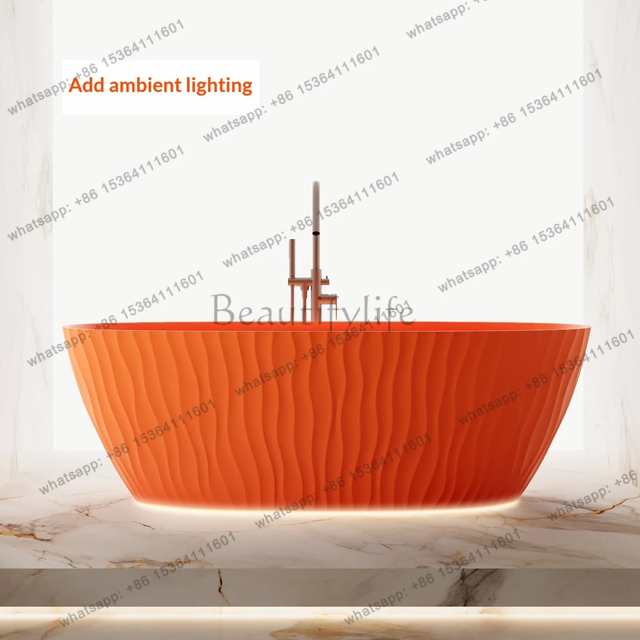 Freestanding PMMA Bathtub Herme Orange Wave Texture Ultra Thin Edge Heat Preservation Minimalist
