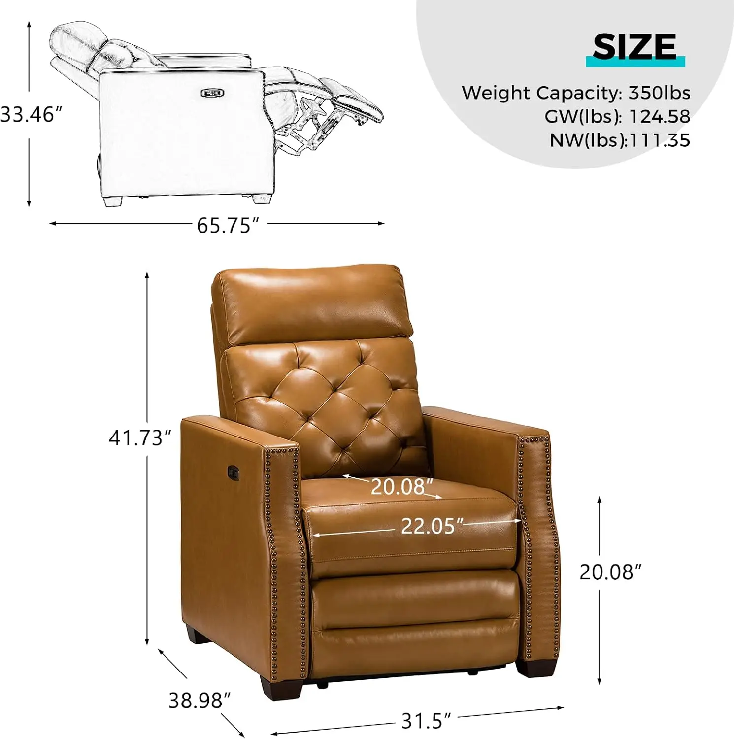 Genuine Leather Power Recliners Set of 2 with USB Port Modern Tufted Electric Recliner Chairs with Nailhead Trim Home Theater