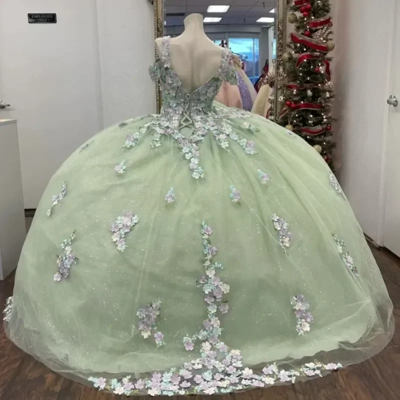 Vestidos De quinceañera De color verde salvia De lujo, Vestido Floral con apliques y tirantes finos, corsé De tul con cordones para cumpleaños, Vestido De 15 anos