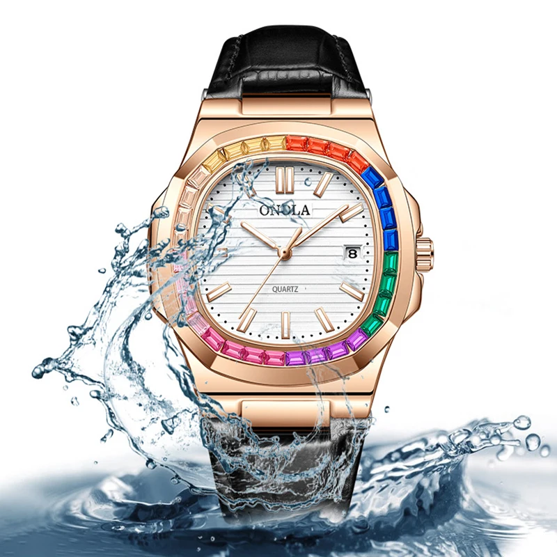 

ONOLA Men Watches Luxury Classic Design Quartz Watch Fashion Rainbow Ice Diamond Waterproof Leather Strap Business Man Clock New