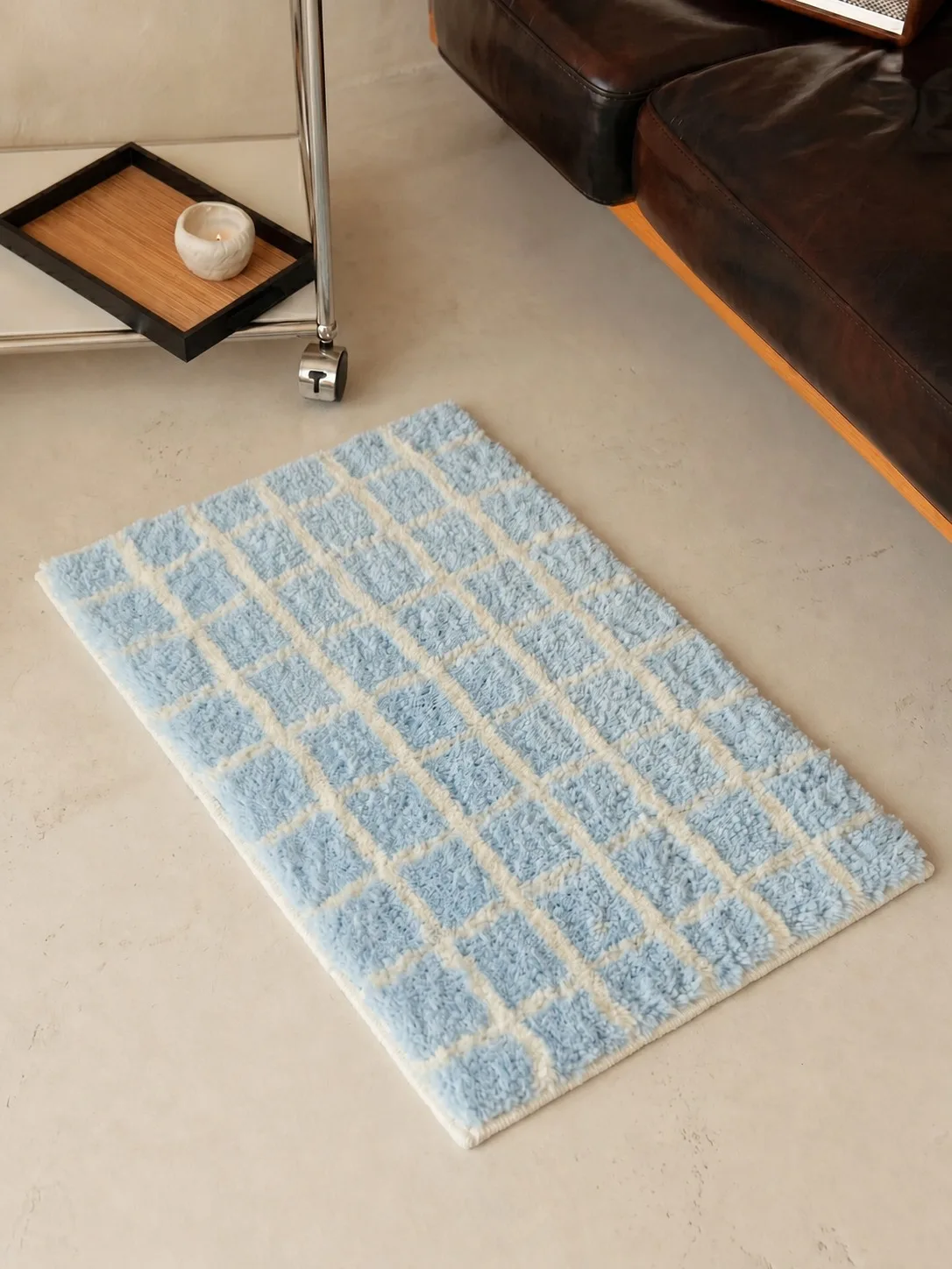 Blue Plaid Bathroom Mat Machine Washable Non-Slip Door Mat Home Bedroom Plush Carpet Absorbent Bathroom Floor Rug Simple Style