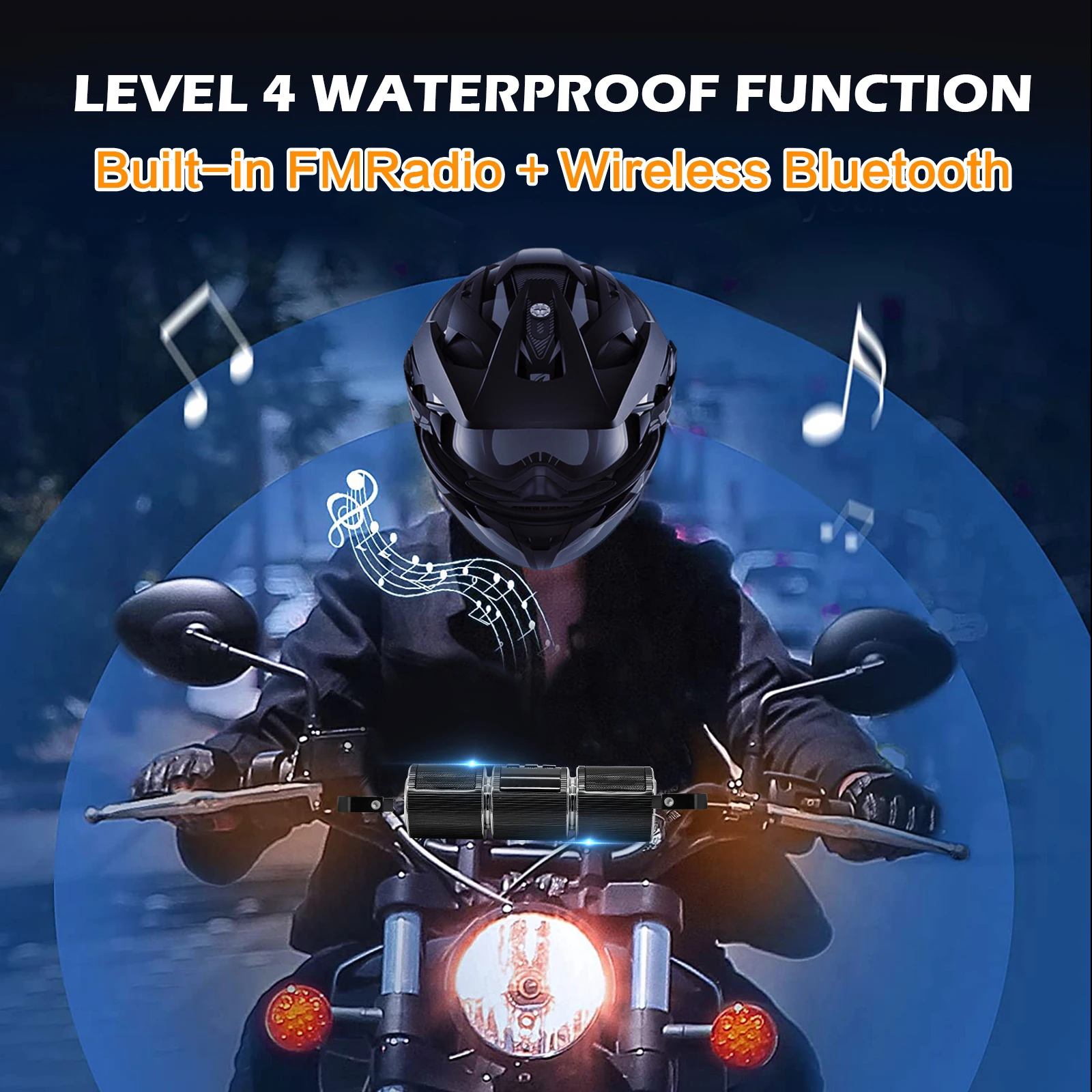Motorcycle Handlebar Stereo Speakers Wireless MP3 Player with AUX-IN/USB/TF Card FM Radio Black