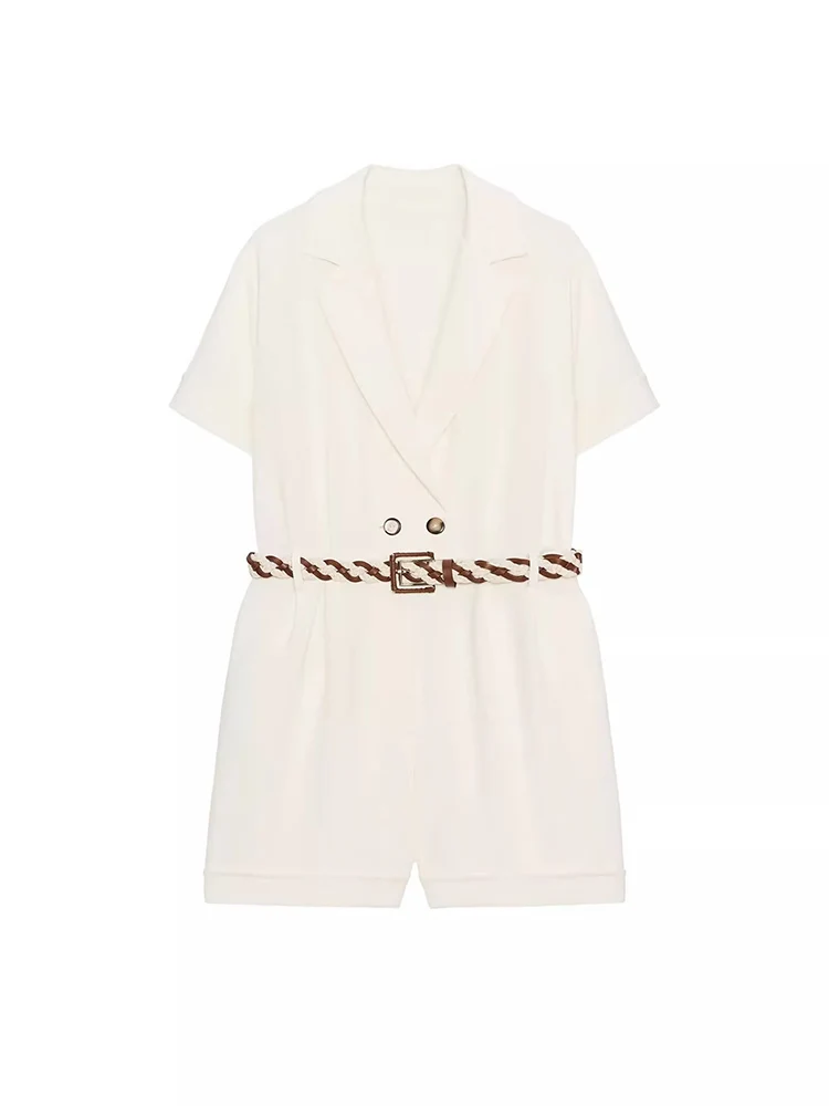 Letni Nowy Damski Kombinezon z Wysokim Stanem, Paskiem, Wyszczuplający, Tkany, Model 50298 Ele Par Dr