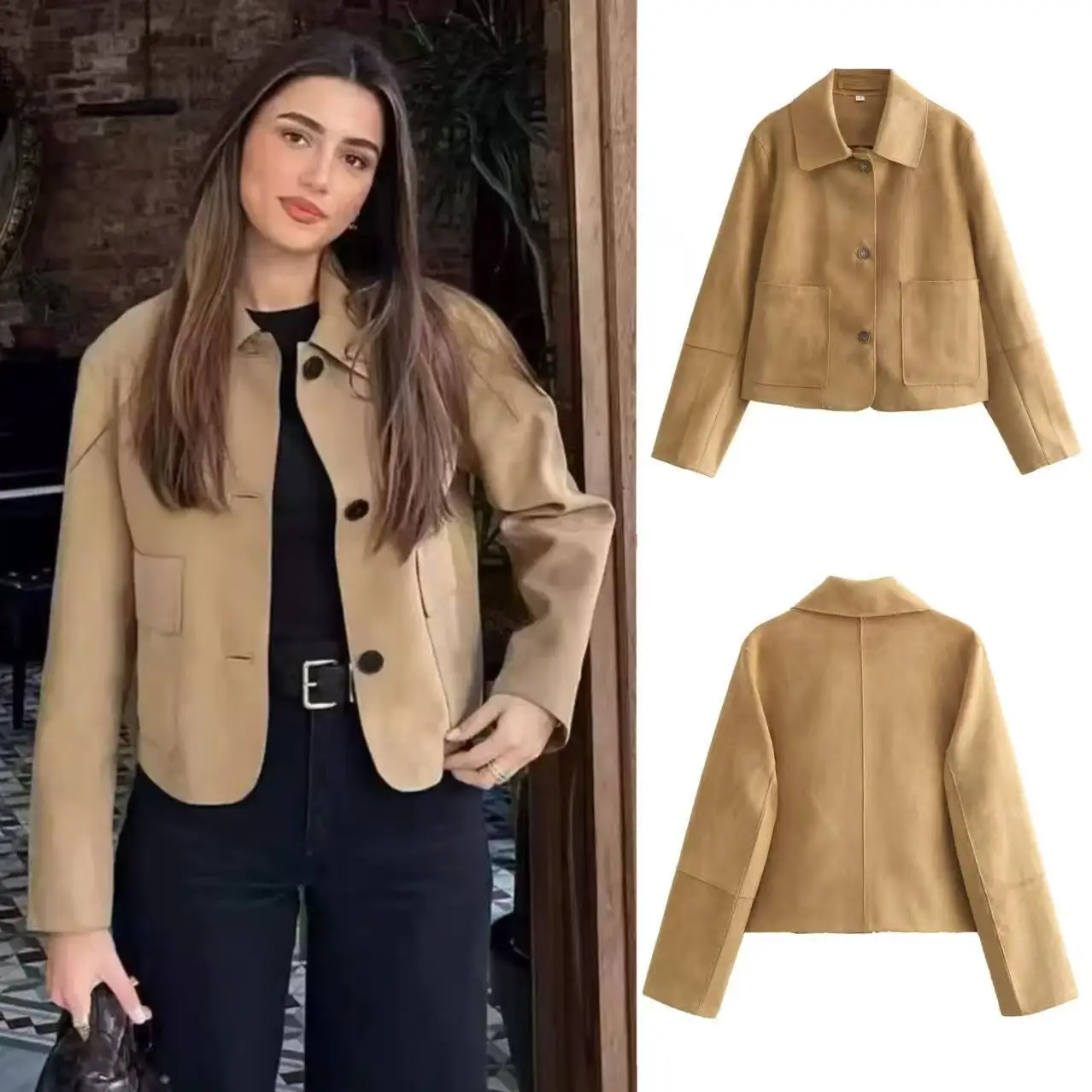 

KIDCRKJ модная женская весенняя замшевая куртка цвета хаки с воротником с лацканами, однобортная женская верхняя одежда в стиле Instagram, повседневное женское пальто