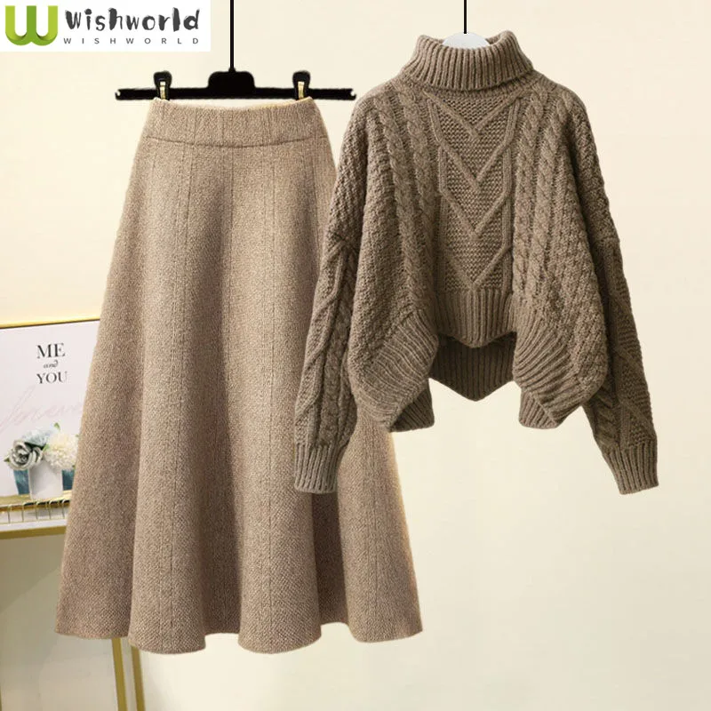 Autumn and Winter Set Women\'s 2023 New Korean Version Loose Fit Plush High Neck Knit Shirt Fashion Half Skirt Two Piece Set