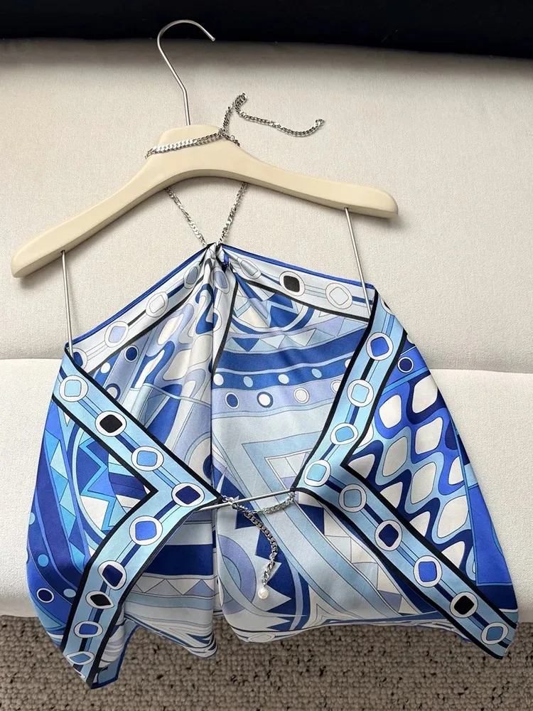 Summer Fashion Beach Style Geometric Print Silk Camisole Women's Party Metal Chain Hang One's Neck Lace-Up Sexy Backless Tops