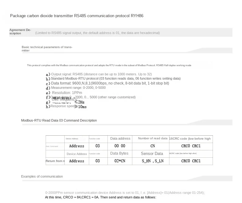 Carbon dioxide transmitter RS485 communication protocol RYH86