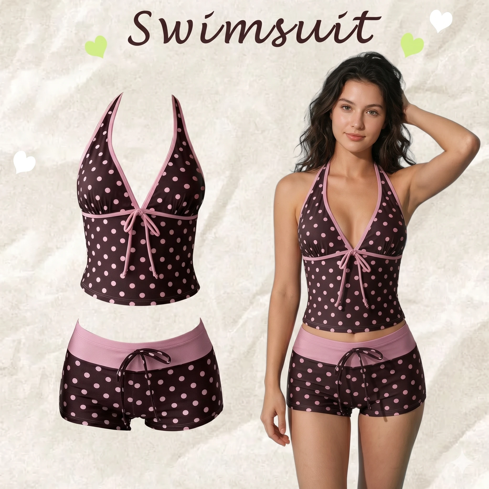 2026 Summer New Vintage Polka Dot Tankini Swimsuit Brown Base Pink Dots Halter Deep V Front Bow Tie Pink Trim Boyshort Swimwear