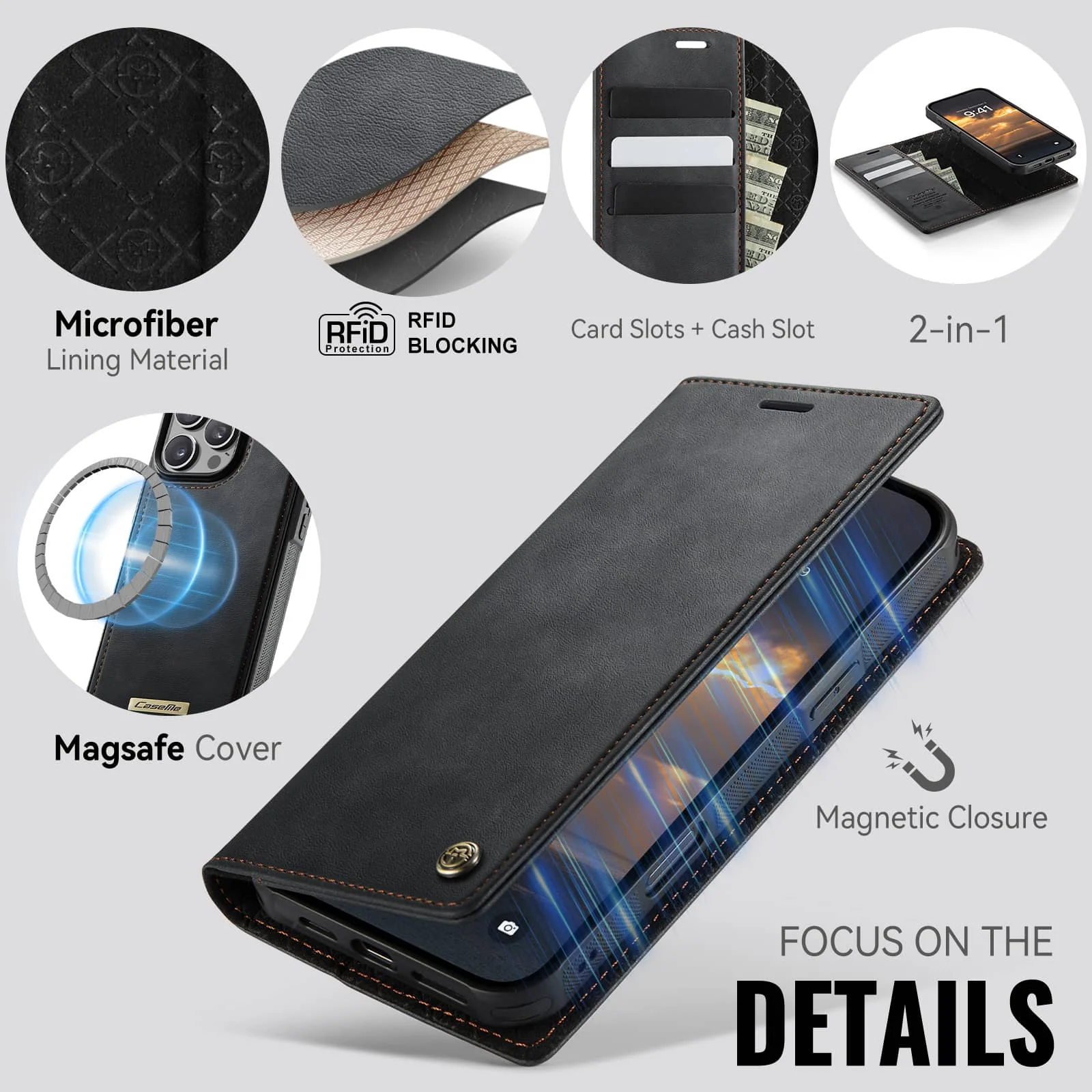 For iPhone 16e 16 15 14 13 12 11 Pro Max Detachable Wallet Case Compatible with Magsafe, 2-in-1 PU Leather Flip RFID Blocking