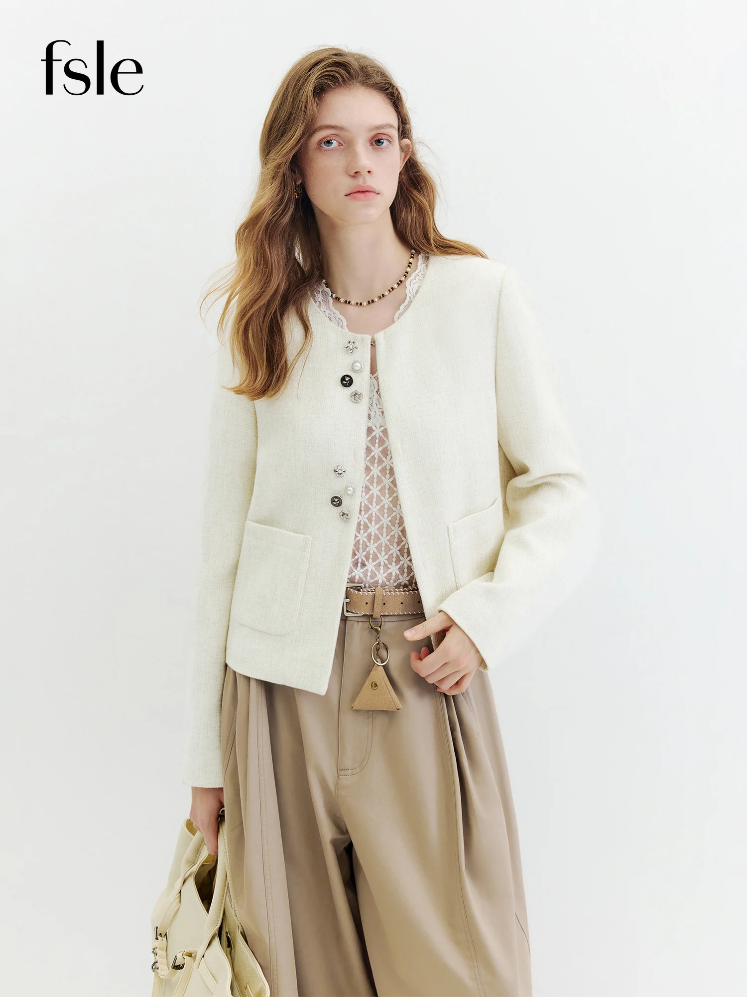 FSLE Women's 2026 Autumn New French Style Round Neck Tweed Jacket Short Coat with Unique Irregular Buttons Stylish Design Coat