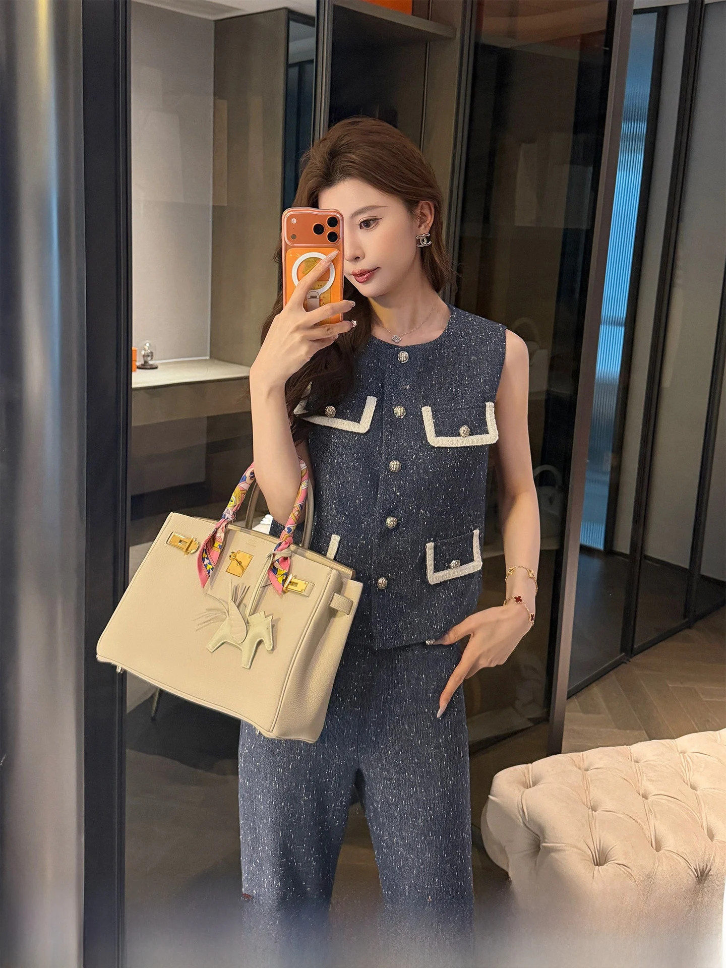 

Milan Afternoon Blue Denim Set Women's Spring Elegance Two-Piece Suit Short Sleeve No Collar Fashionable Casual Outfit