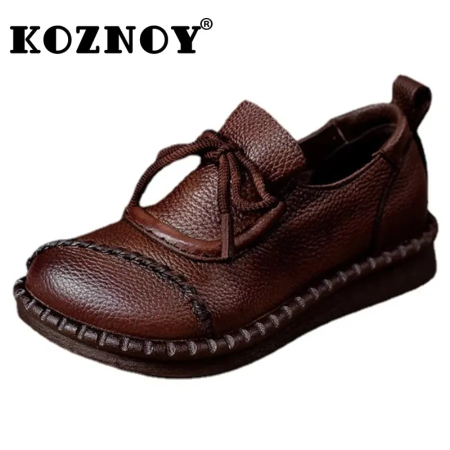 

Koznoy 2cm Sewing Genuine Leather Retro Vintage Round Toe Ethnic Comfortable Summer Women Sole Shallow Flats Loafers Lady Shoes