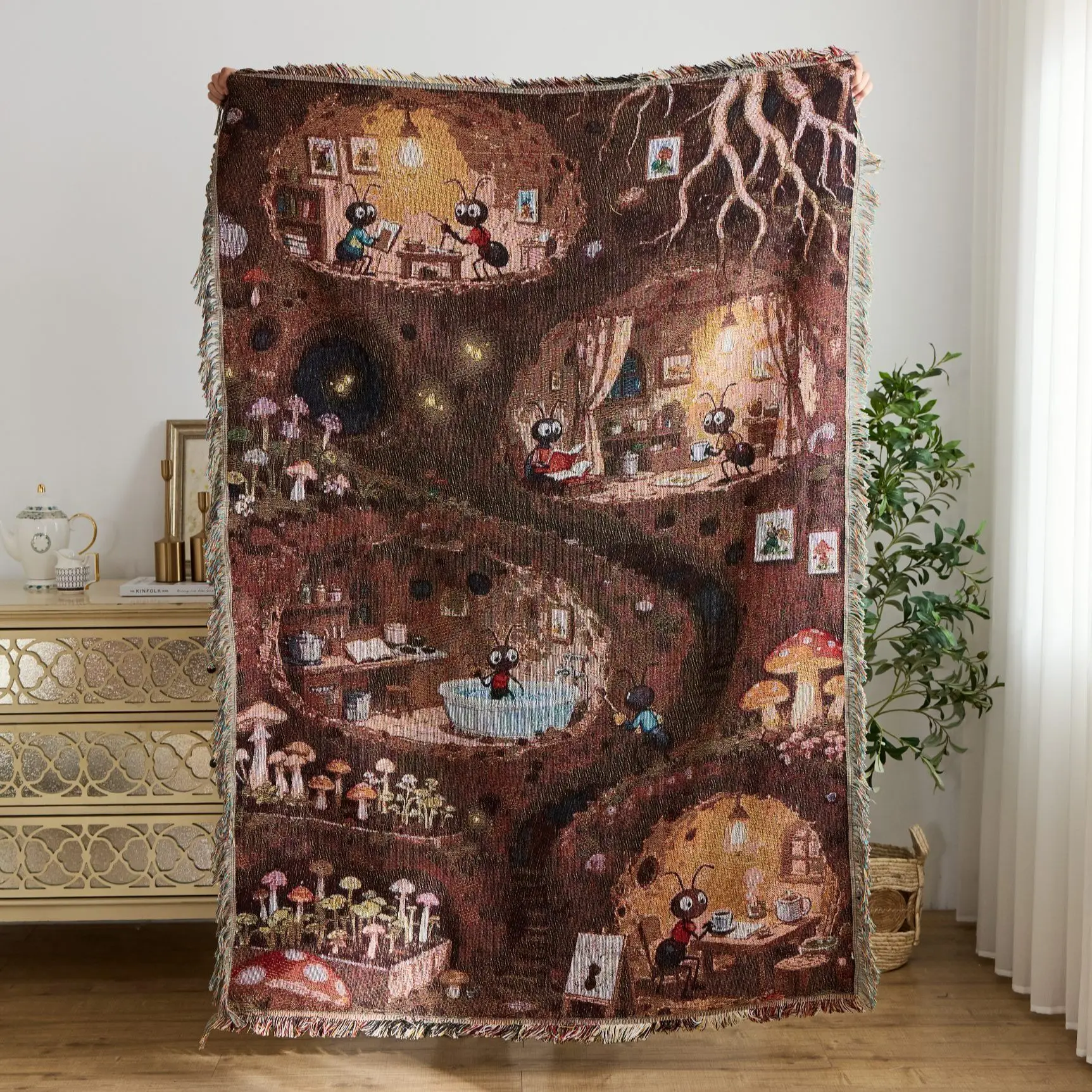 Whimsical Ant Burrow Life Woven Throw Blanket Cartoon Cave Interior Scene Jacquard Blanket Cozy Autumn Winter Warm Home Decor