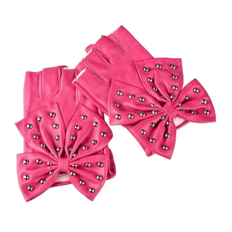 

652F Stylish PU Leather Half Finger Gloves With Bowknot And Rivet Studded For Evening Parties And Music Festival Handwear
