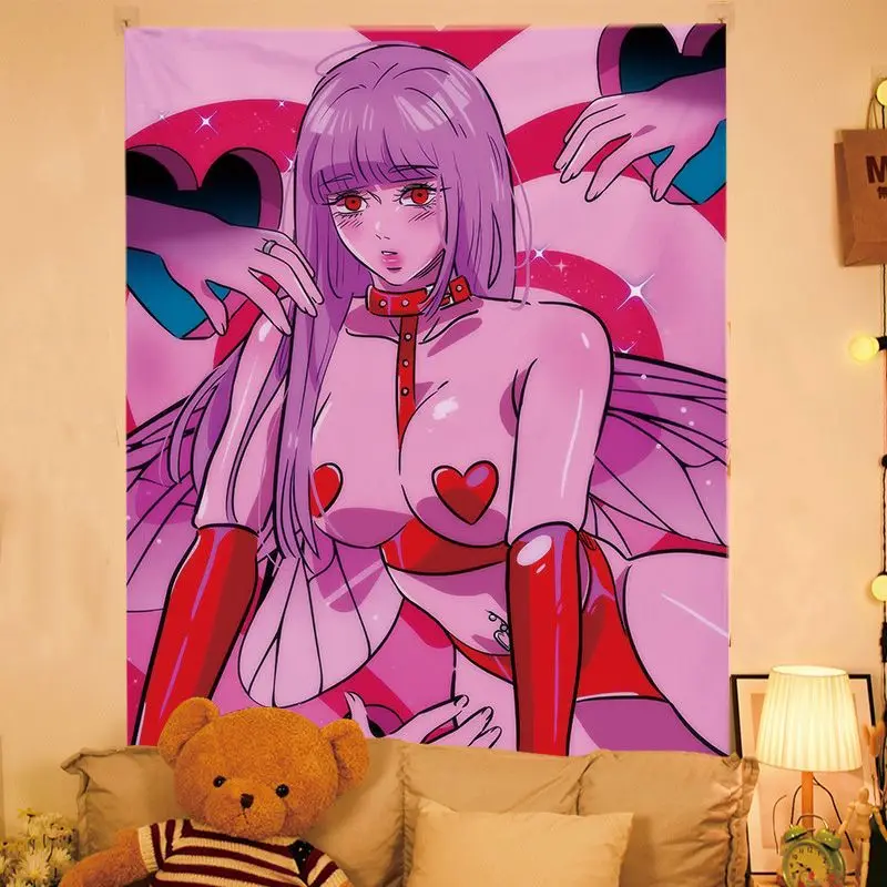VIKAMA Pink Cat Ear Anime Girl Wall Tapestry Twin Tail Leopard Hair Clip Chain Heart Y2K Subculture Aesthetic Bedroom Home Decor