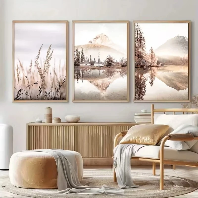 3PCS Neutral Beige Mountain Lake Canvas Wall Art Set Pampas Grass and Forest Prints Posters Minimalist Nature Landscape Unfra