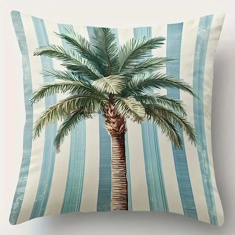 1pc Blue and White Striped Palm Tree Throw Pillow Cover, Suitable for Sofa, Bedroom, a Fresh Gift for Vacation Style Lovers.