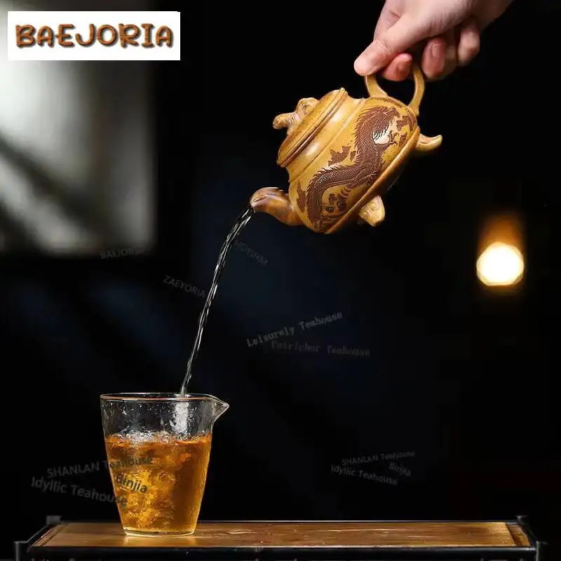 350ml Yixing Purple Clay Teapots Handmade Hidden Dragon Crouching Tiger Pot Raw Ore The Keel Gold Sand Mud Kettle Zisha Tea Set
