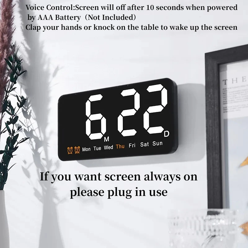 

Large Digital Voice Control Wall Clock Temperature Date Week DST Snooze Table Clock 12/24H Dual Alarm Wall-mounted LED Clock