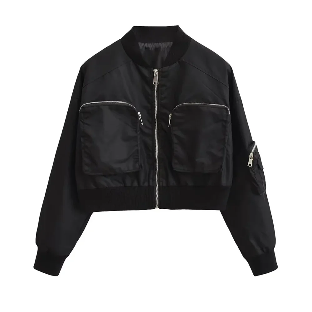 

2023 Women Short Baseball Jackets Fashion With Pockets Coat Vintage Long Sleeve Casual Street Female Outerwear Chic Tops