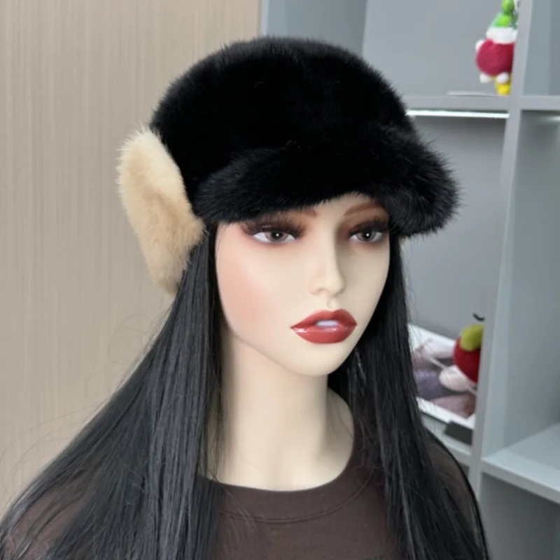 Real Mink Fur Cap Thickened Warm Mink Fur Riding Cap Winter Warm Outdoor Fur Hat Female Black Fur Caps Knitted Beanie Russian