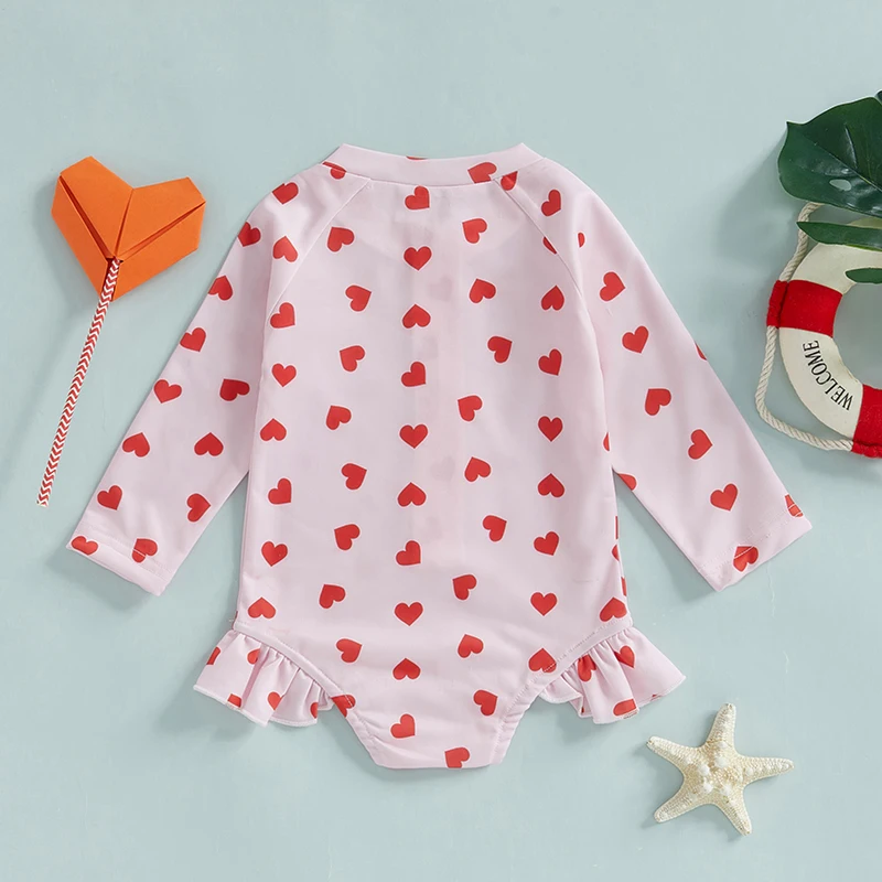 Toddler Baby Girls Swimsuits  Heart Print Beachwear Princess Rash Guard Zip Up Long Sleeve Crew Neck Infant Swimwear