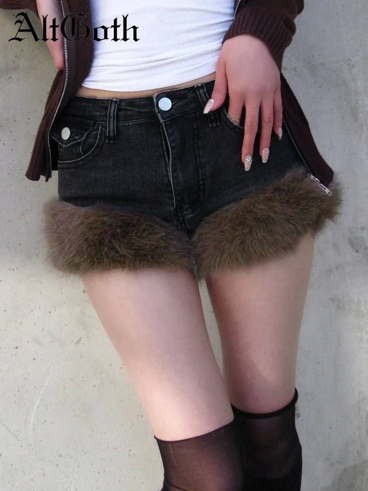 AltGoth Y2k Cyber Punk Streetwear Denim Shorts Women Dark Academia Goth Fur Patchwork Low Waist Sexy Shorts Rave Emo Alt Shorts