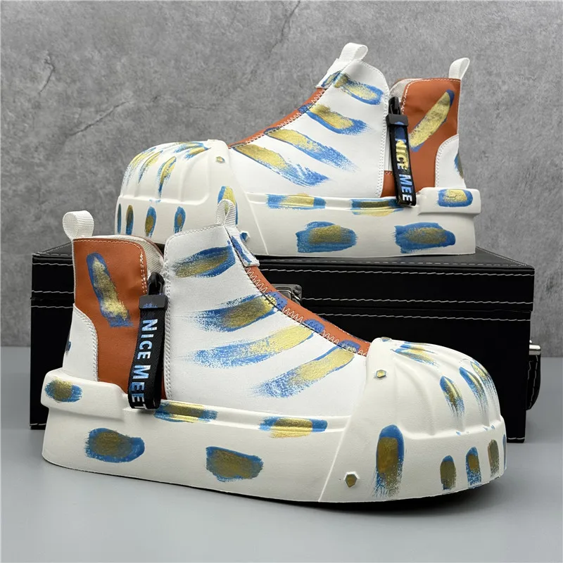 

High Quality High Top Shoes for Men Fashion Designer Colorful Scrawl Pattern Platform Sneaker Walking Causal Shoe Zapatos Hombre