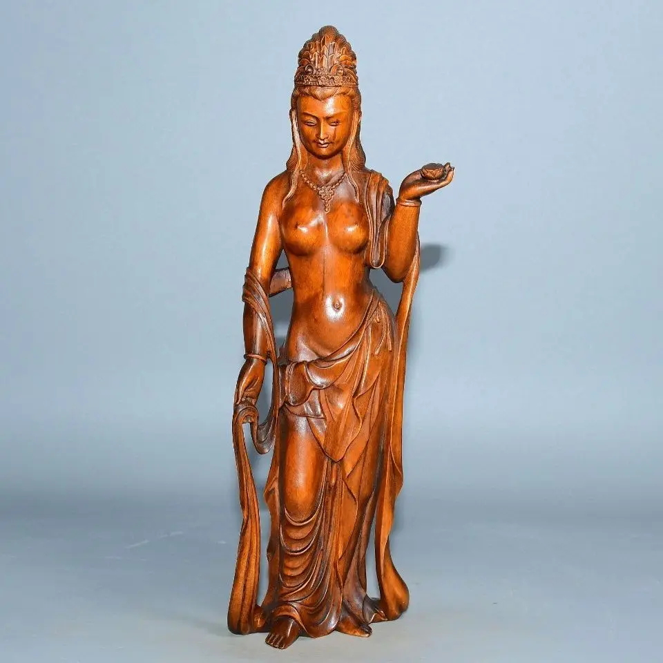 Hand Carved Wood Long skirt with streamers guanyin Statue Figurine Desktop Ornaments Home Decoration