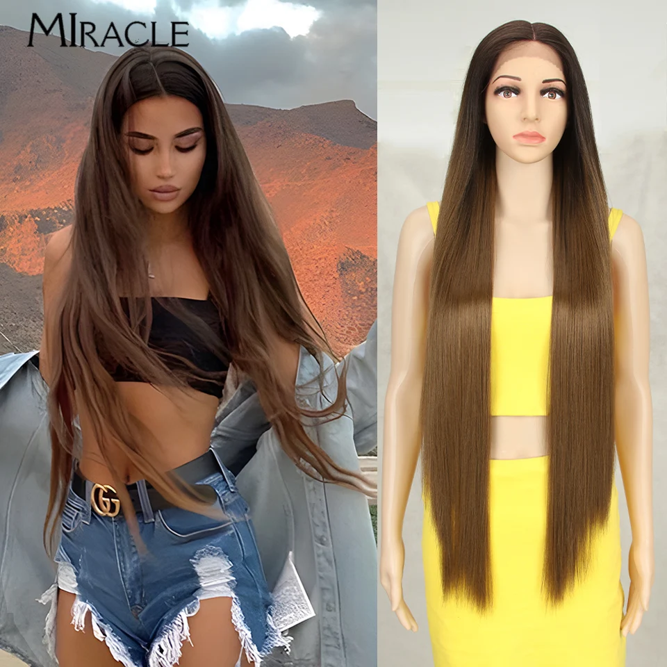 MIRACLE Synthetic Straight Lace Wig for Women Blonde Cosplay Wig Soft Long 38Inch Fiber Straight Fake Hair Heat Resistant