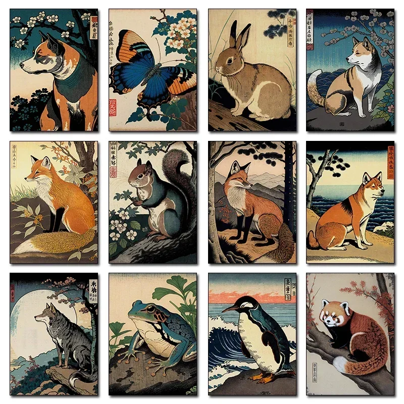 Vintage Japanese Small Animals Poster Squirrel Rabbit Dog Red Panda Canvas Painting Ukiyo-e Wall Art Picture Office Home Deco