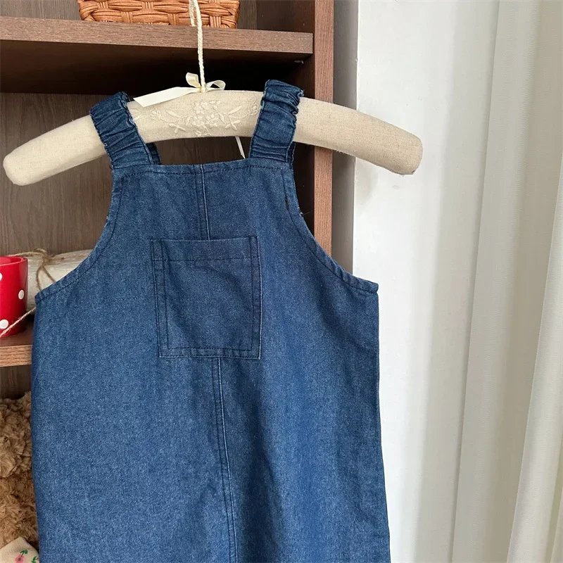 Korean Style Autumn Baby Girls Jeans Blue Sleeveless Square Collar Kids Overalls Knee Length Casual Dresses