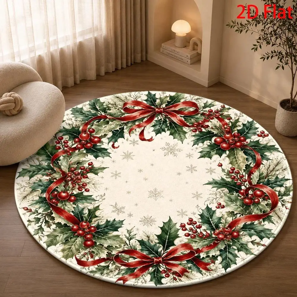 1pc Vintage Christmas Wreath Holly Berry Printed Large Round Area Rug, 2D Flat‑Print Machine‑Washable Winter Holiday Floor Mat