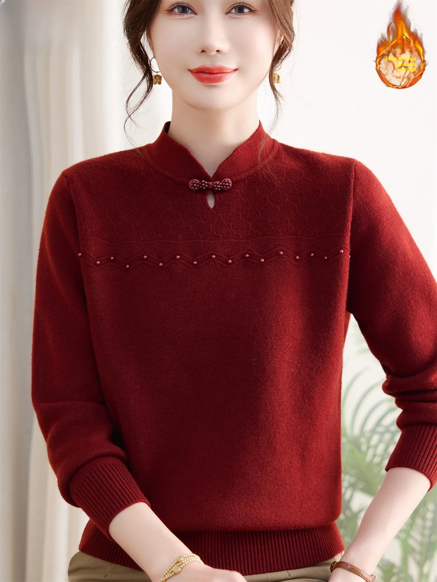 

New Chinese Sle Women's Thiened Fce Sweater with Qipao Collar Base irt Faionable Winter Clothing for Middle-Aged A...