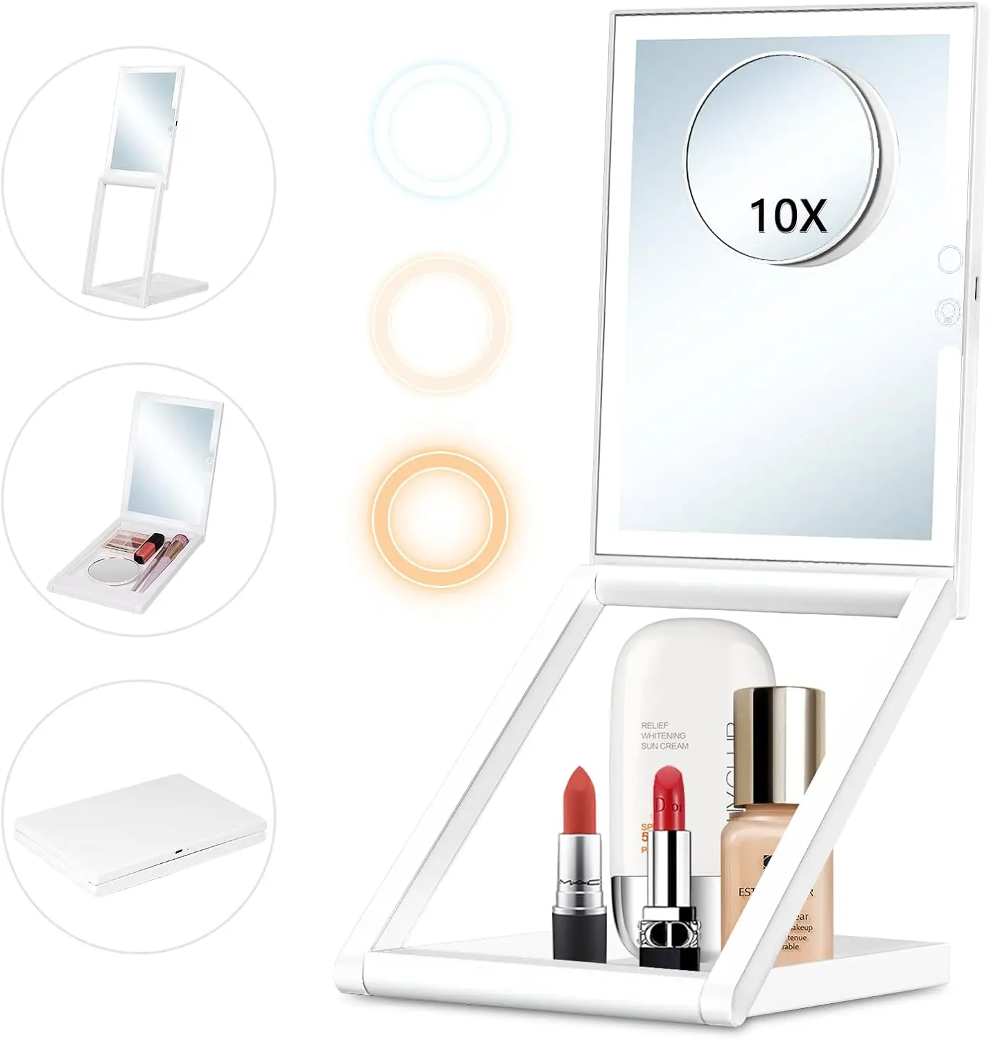 

Makeup Mirror with Lights 10X Magnification, 3 Color Lights Dimmable Touch Screen Tabletop Folding Compact Cosmetic Mirror