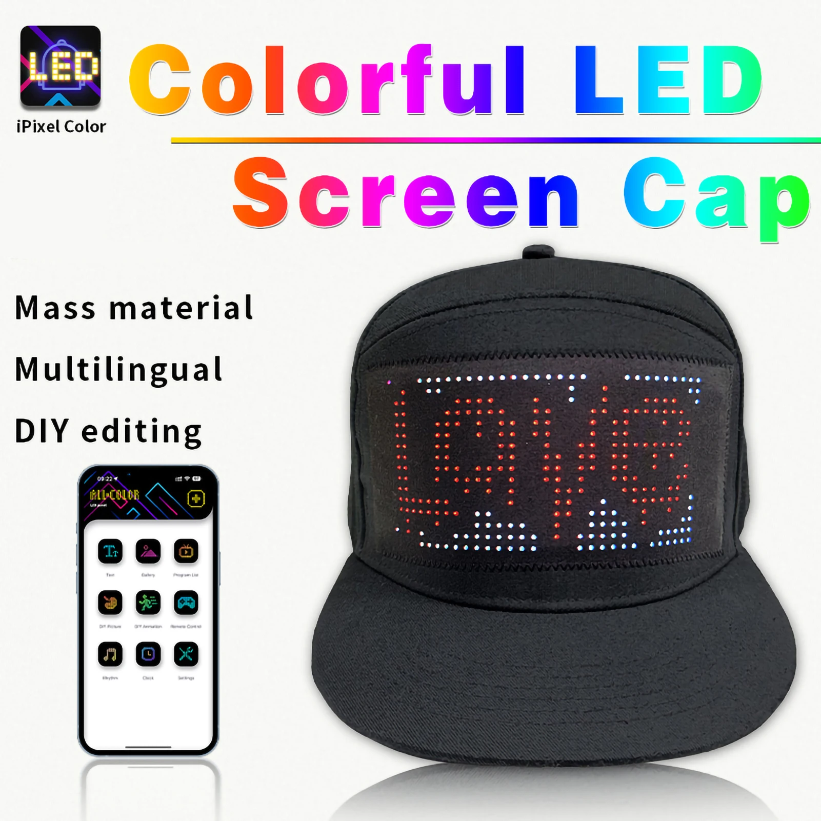 

LED Display Hat APP Bluetooth Glow Hat Halloween Prom Decoration Color LED Hat Grand Event Concert Festival Party Rap Hippop Hat