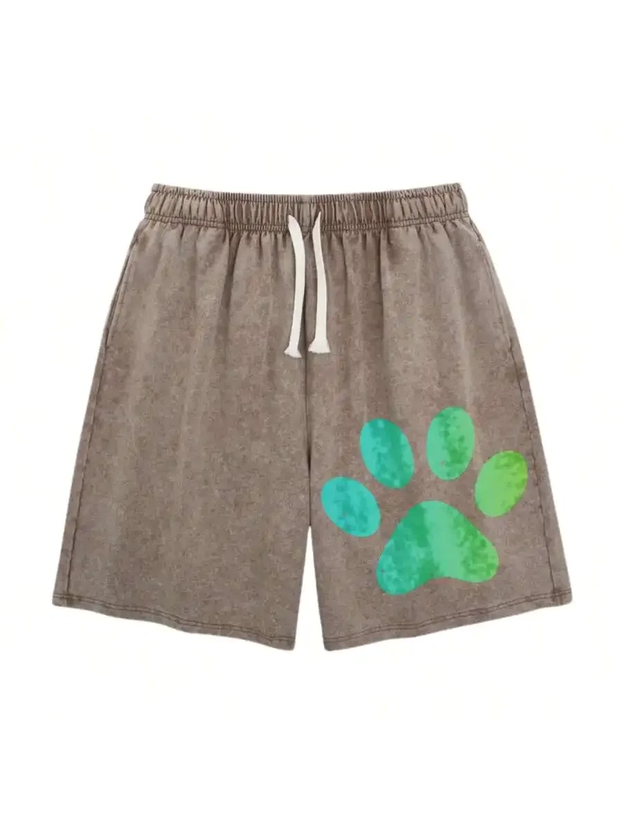 

Mens Casual Oversized Drawstring Shorts With Green Paw Print Design For Streetwear Outdoor Daily Wear