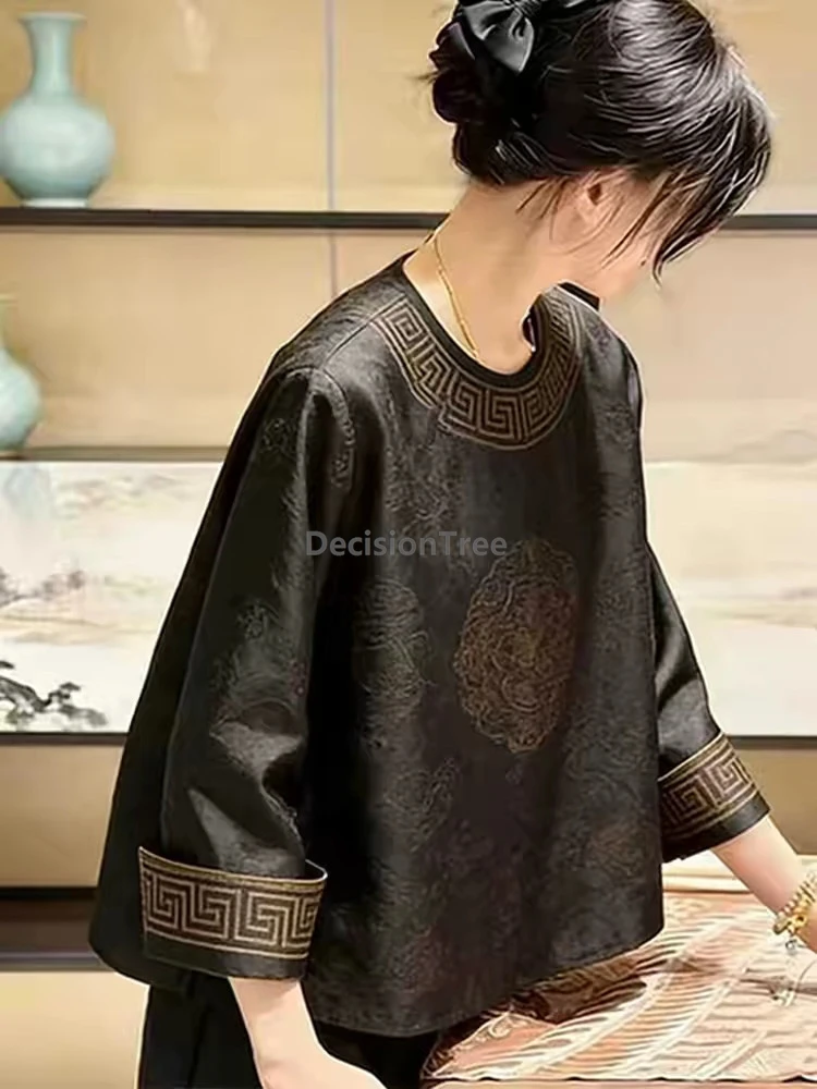 New Chinese-style spring summer women's top national-style round-neck printed jacket daily Mom Tang suit Zen-inspired shirt
