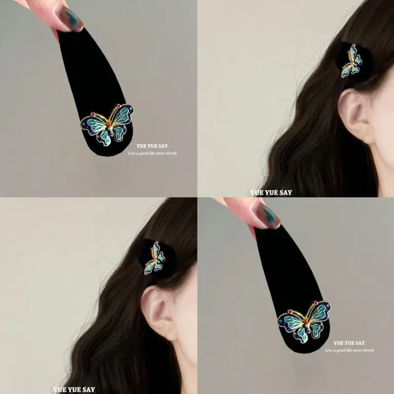 Chinese blue butterfly hair clip high-end feel velvet dripping oil BB clip headband qipao makeup hairaccessories bangs clip hair