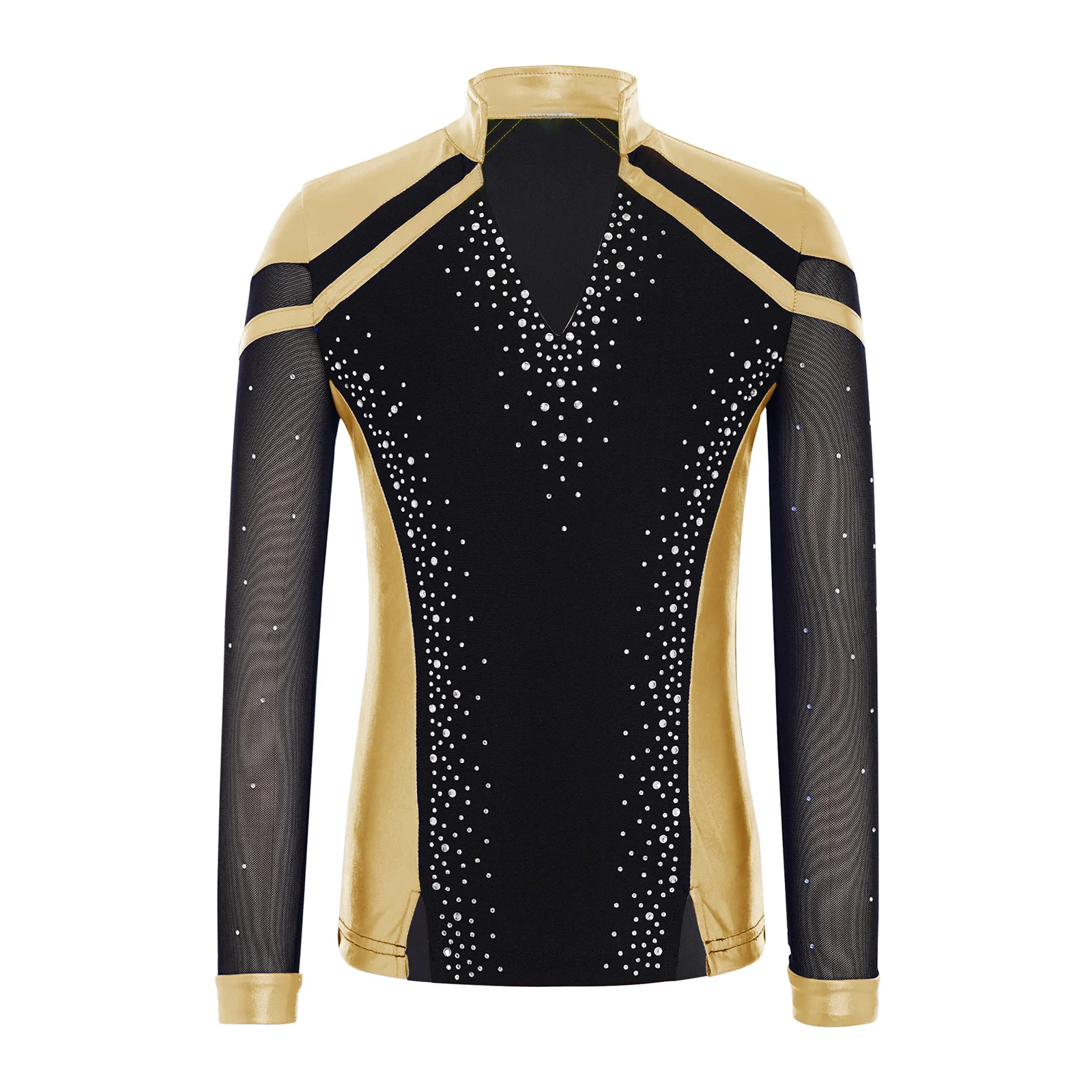 Kids Boys Figure Skating Dance Tops Sheer Mesh Long Sleeve Shiny Rhinestones Metallic T-shirt for Training Stage Performance