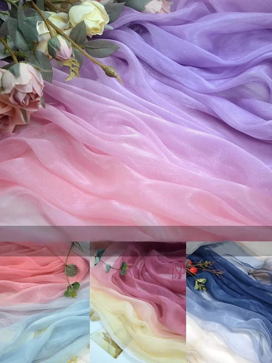 Gradient Chiffon Fabric By The Meter for Hanfu Scarf Skirt Sewing Printed Brocade Silk Wrinkle Cloth Soft Breathable Pink Purple