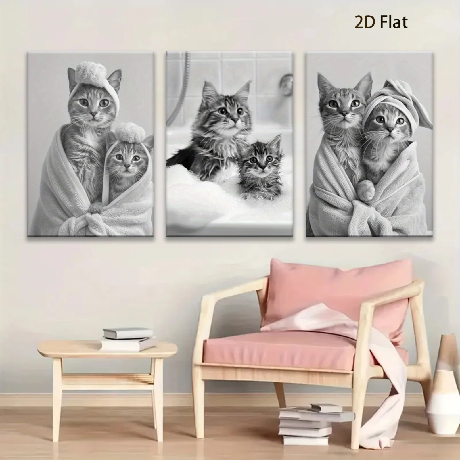 Frameless 3pcs 2D Flat Artwork Depicting a Black And White Cat in a Bathtub Scene, Ideal for Decorating Your for Home Office,