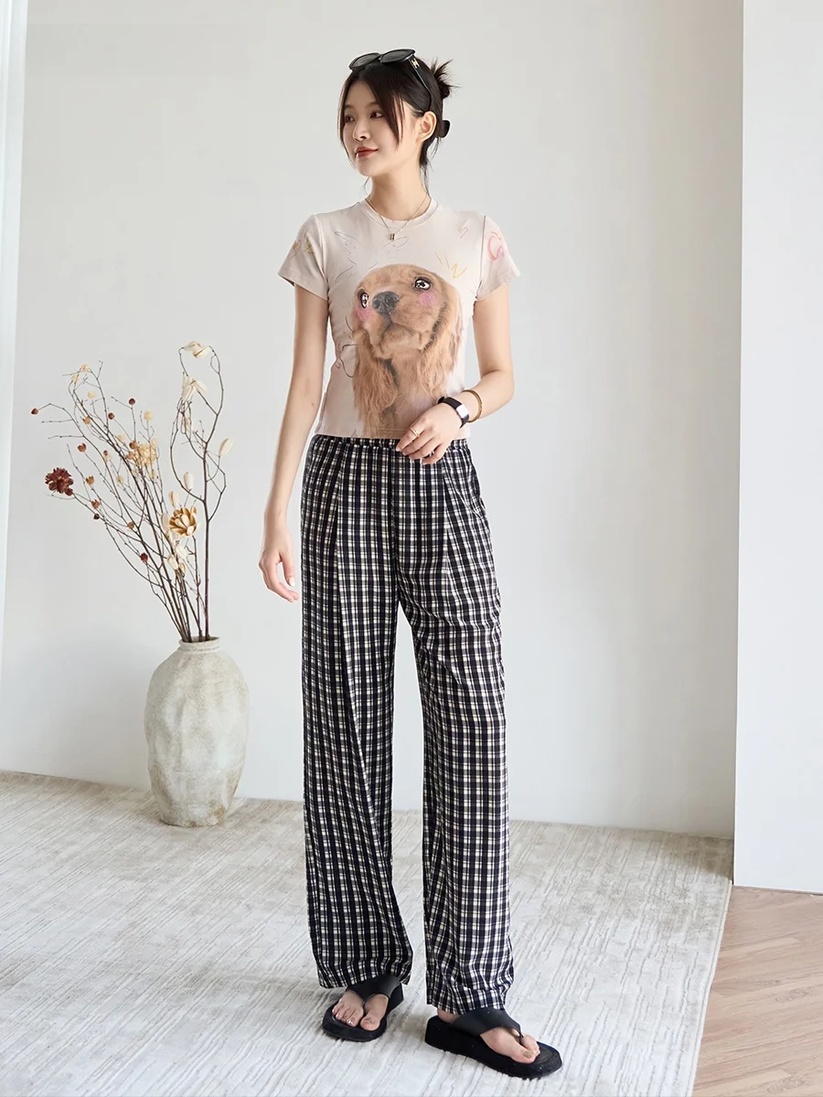 

MBNLF 2024 New Women's Casual Silk Pants High Waist Straight Leg Trousers Summer Plaid Design Thin Material Commute Sle