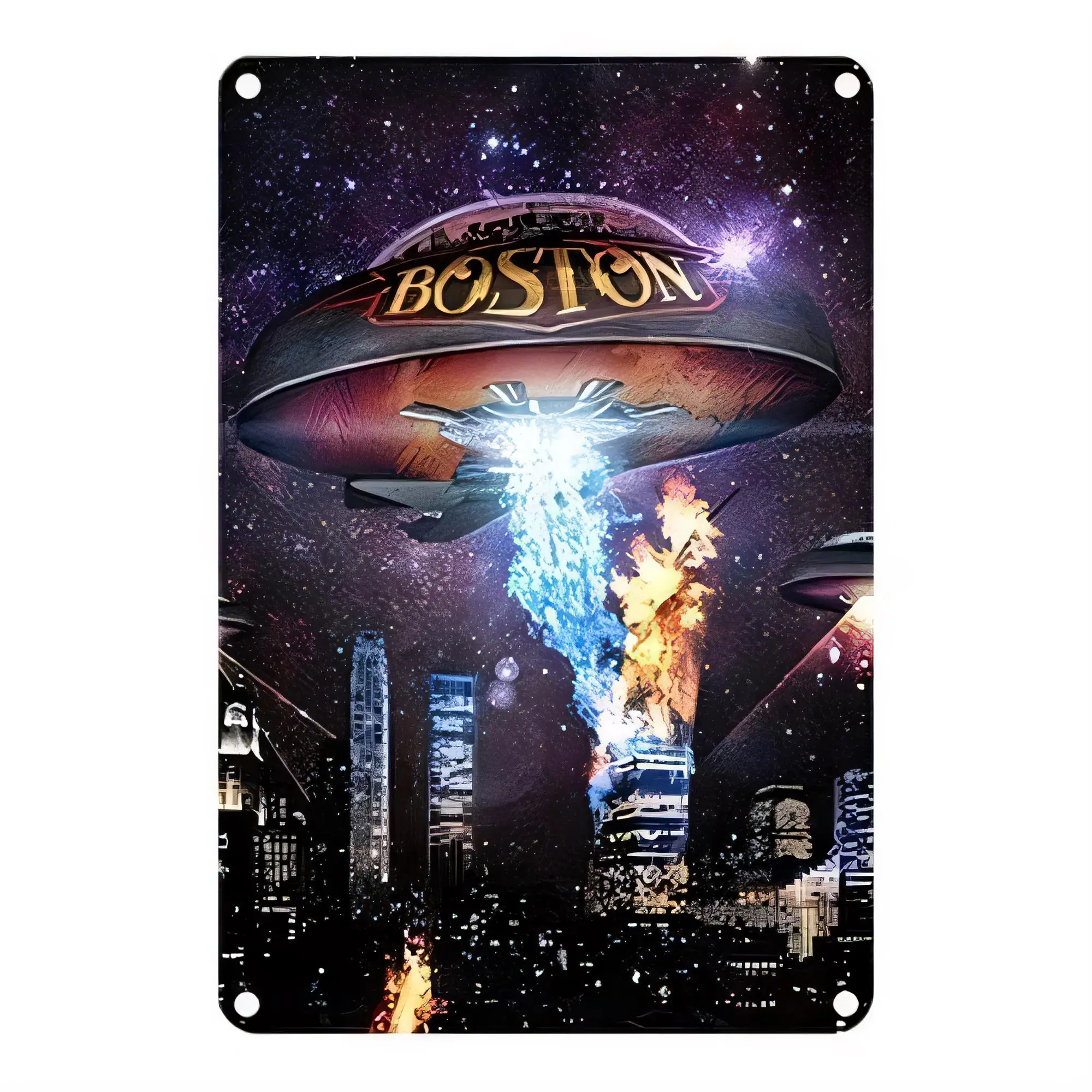 Blechschild Boston Retro Weltraum UFO Stadt Nacht Sternenhimmel Wanddekoration Metallschild Vintage Poster Plakette für Bar Pub Garage Männerhöhle Zuhause