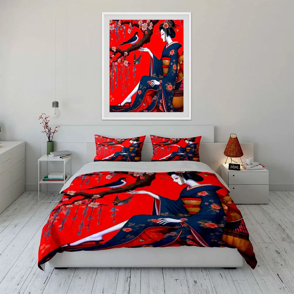 Kimono-clad woman with birds and flowers Print Soft Comfortable Duvet Cover Bedding Set Included 1*Duvet Cover 2*Pillowcases 4