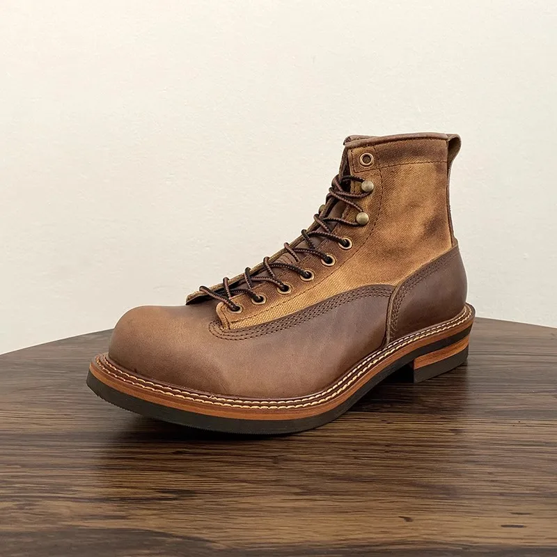 Retro Denim Style Work Boots - American Paratrooper Boots for Riding Motorcycle, Biker Engineer Boots Men's