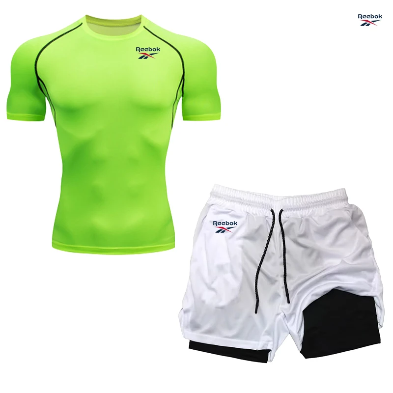 Reebok Men's Compression Sports T-Shirt - Fitness Tight Short Set - Training Jogging Shirt - Quick-Drying Anti-Slip Fabric